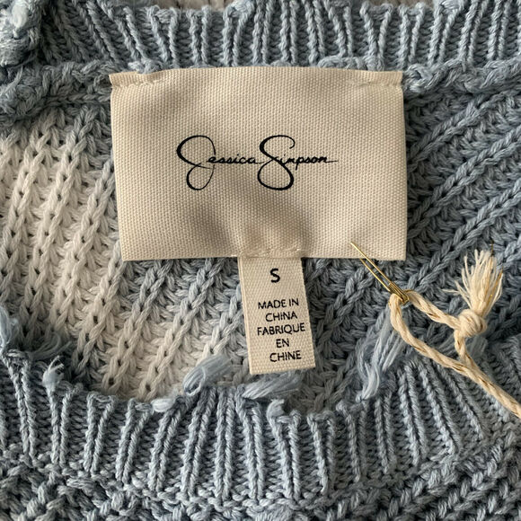 Jessica Simpson Frayed Cropped V Neck Sweater Knit Size Small Blue White Boho - Picture 9 of 9